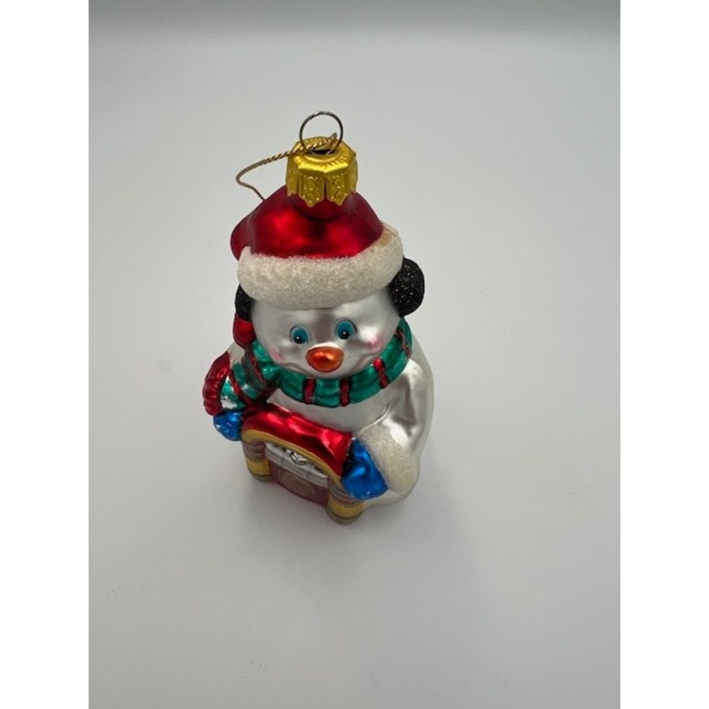 Vintage Snowman Retro Jukebox Glass Christmas Ornament Santa Hat 5.25in 1990's - Picture 5 of 12